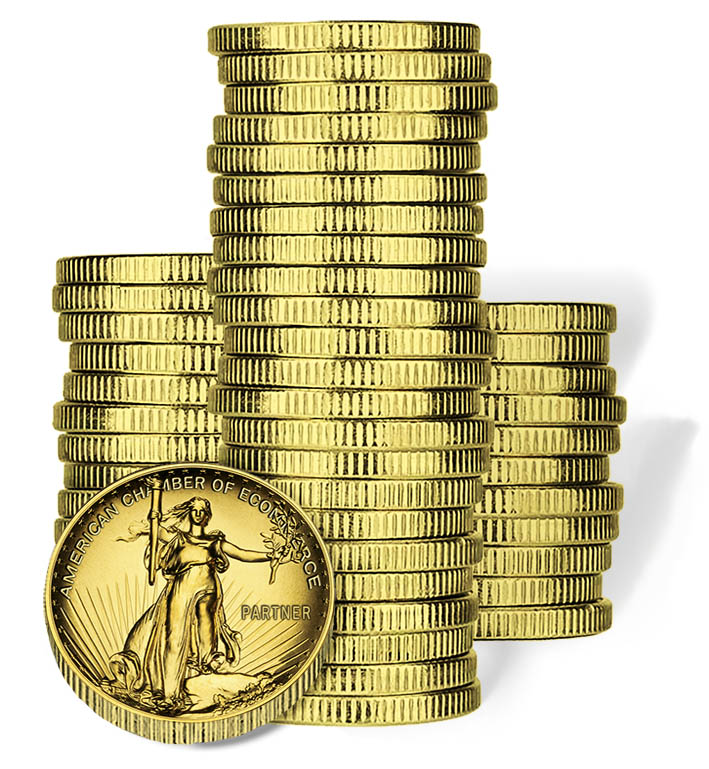 image of a tall stack of silver dollars with one coin branded with the chamber name representing the chamber's partner/business stack