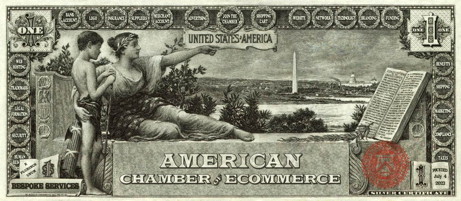 an old silver certificate one dollar bill modified to represent the American Chamber of eCommerce and the strategic partners of their business stack