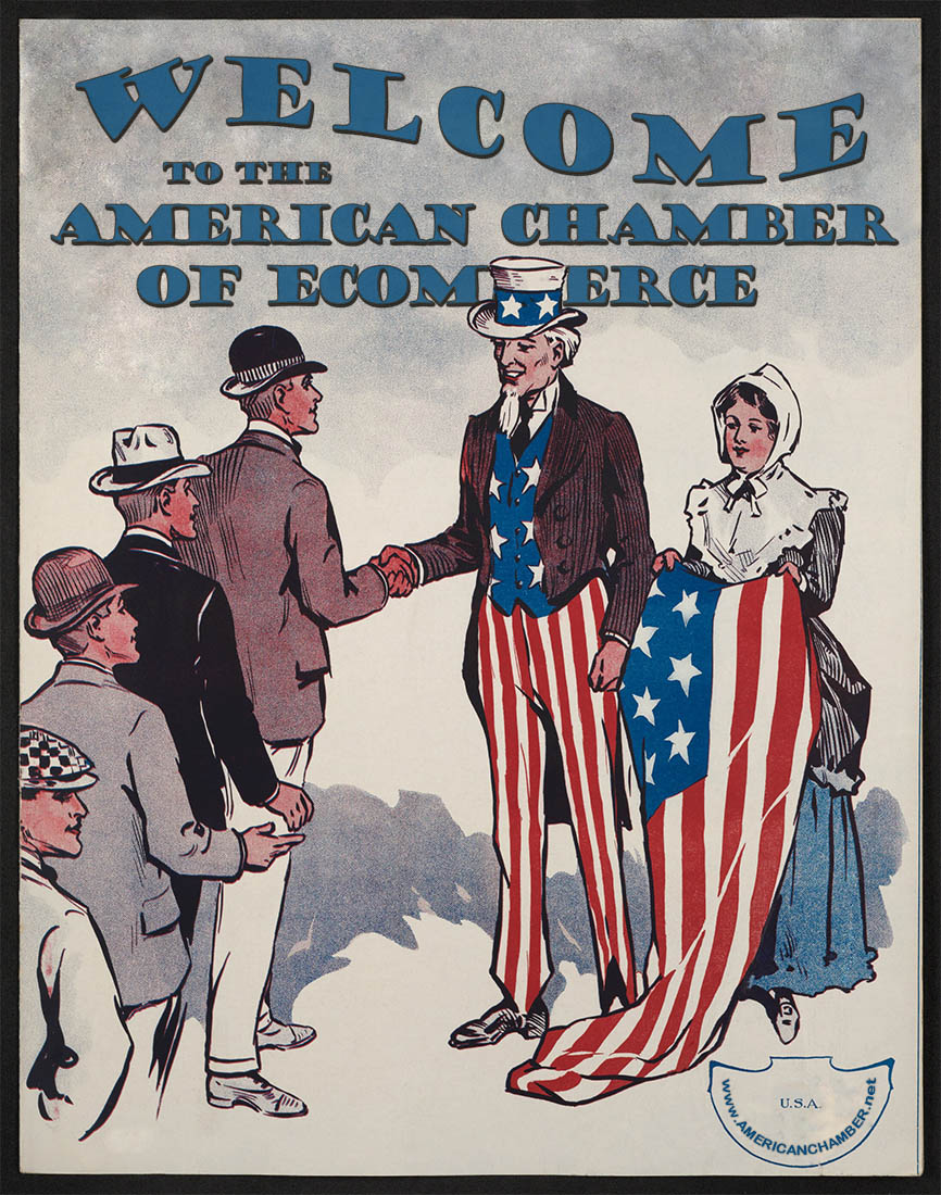 old image of uncle sam and lady liberty welcoming chamber members