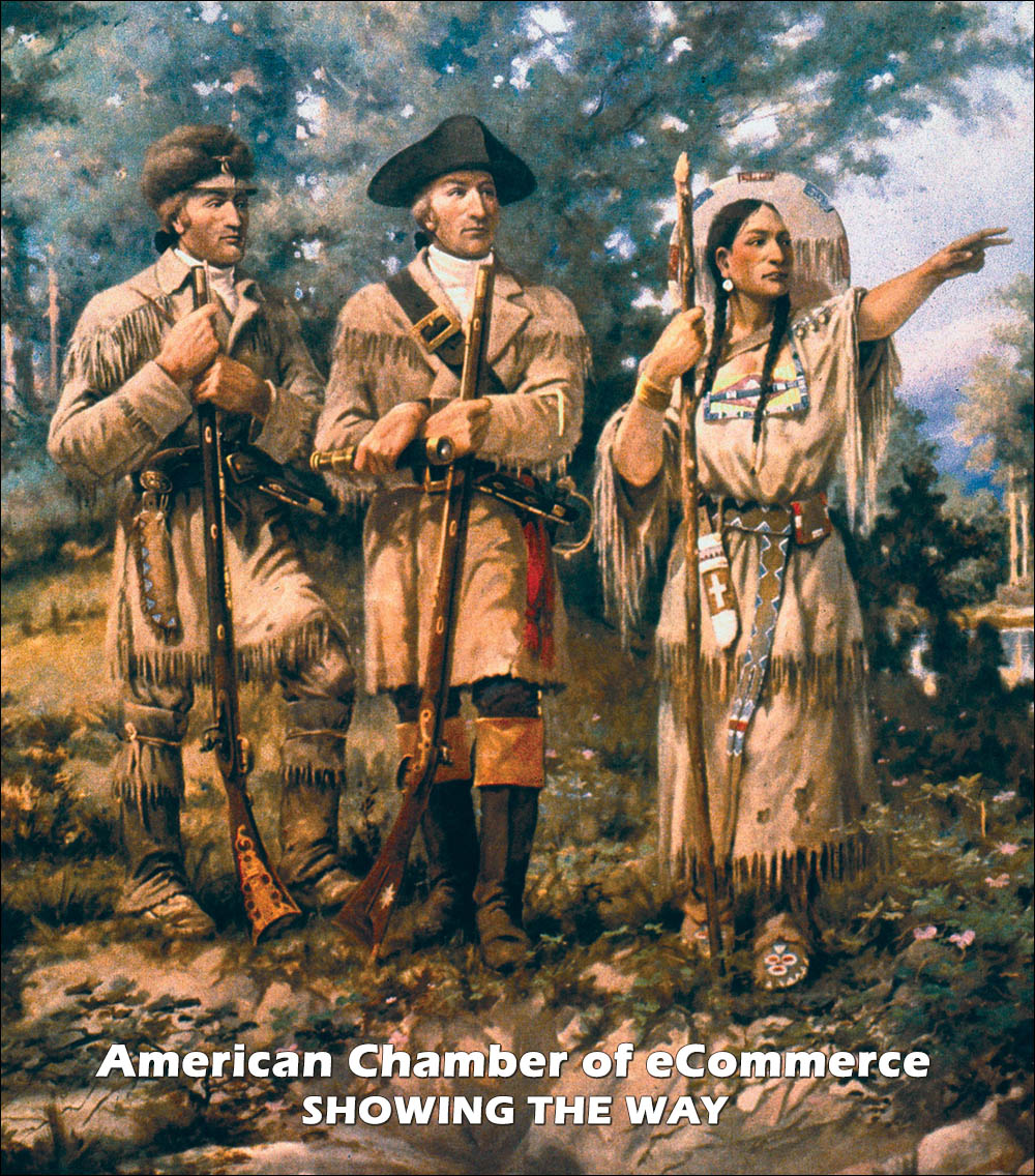 old painting of pioneers lewis and clark being guided by native american girl sacagawea